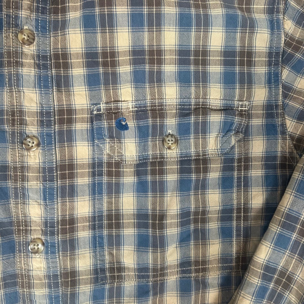 Carhartt Button Down Shirt Mens Medium Blue Tan Plaid Long‎ Sleeve Workwear 1237 - Picture 3 of 9